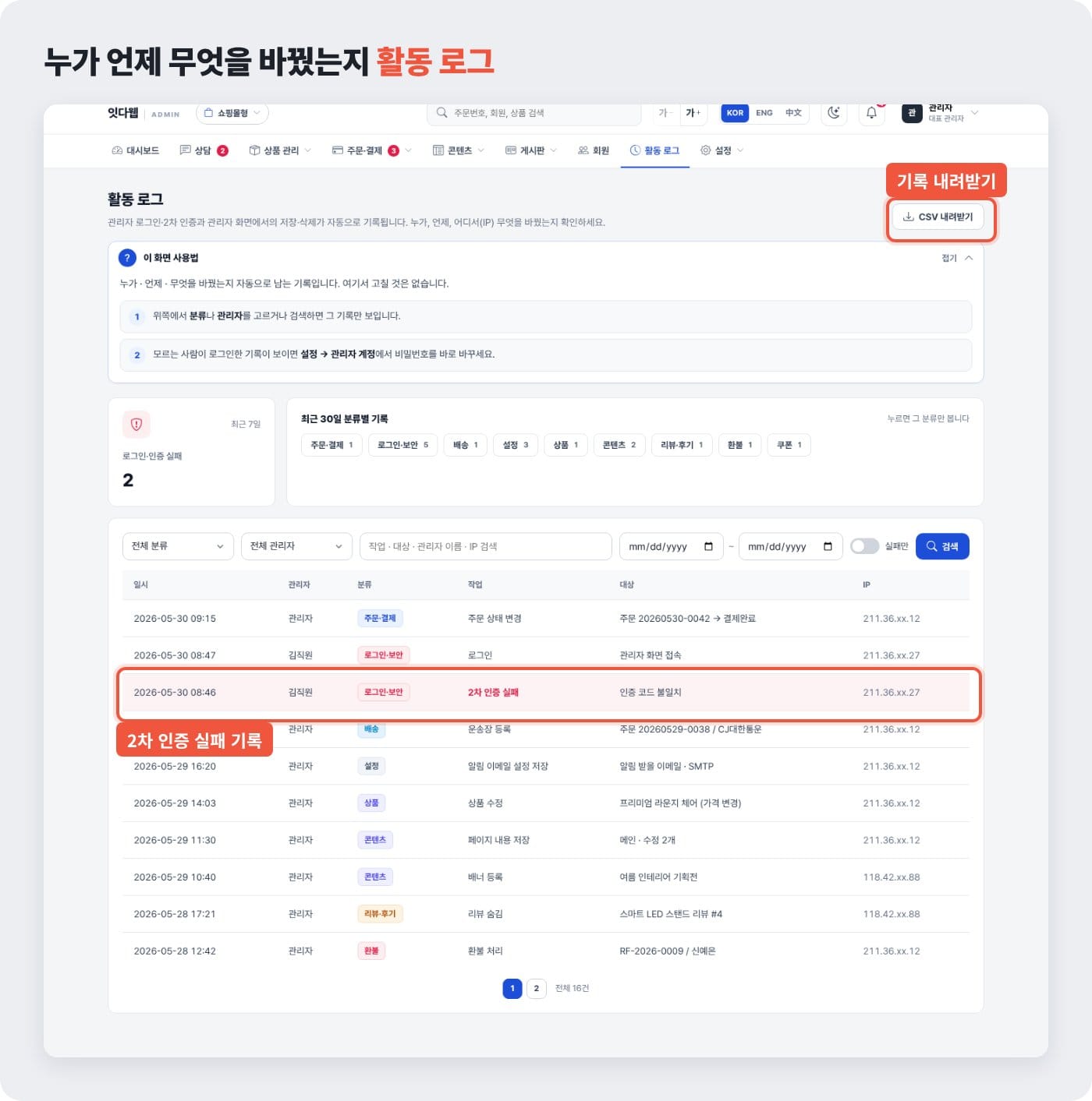 누가 언제 무엇을 바꿨는지 보여 주는 홈페이지 관리자 활동 로그 화면 ©잇다웹