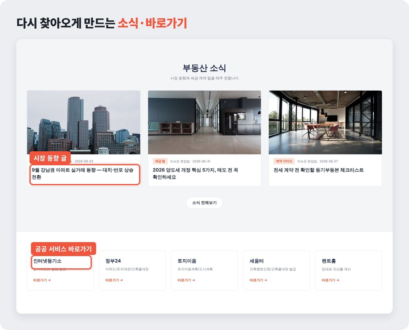 부동산 소식과 인터넷등기소·정부24 같은 공공 서비스 바로가기가 있는 화면 ©잇다웹