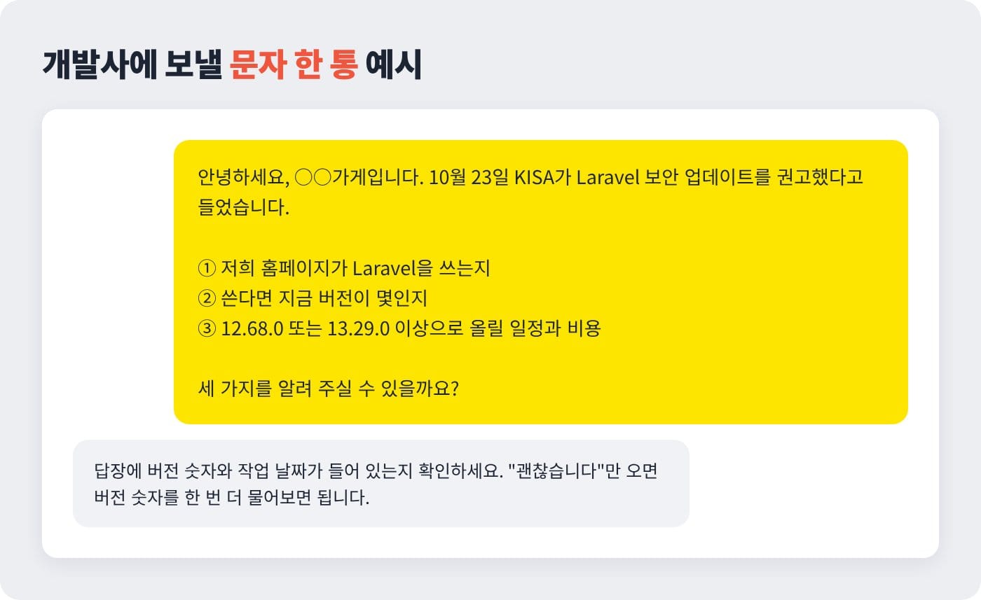 KISA 권고를 근거로 Laravel 사용 여부와 버전, 업데이트 일정을 묻는 개발사 요청 문자 예시 ©잇다웹