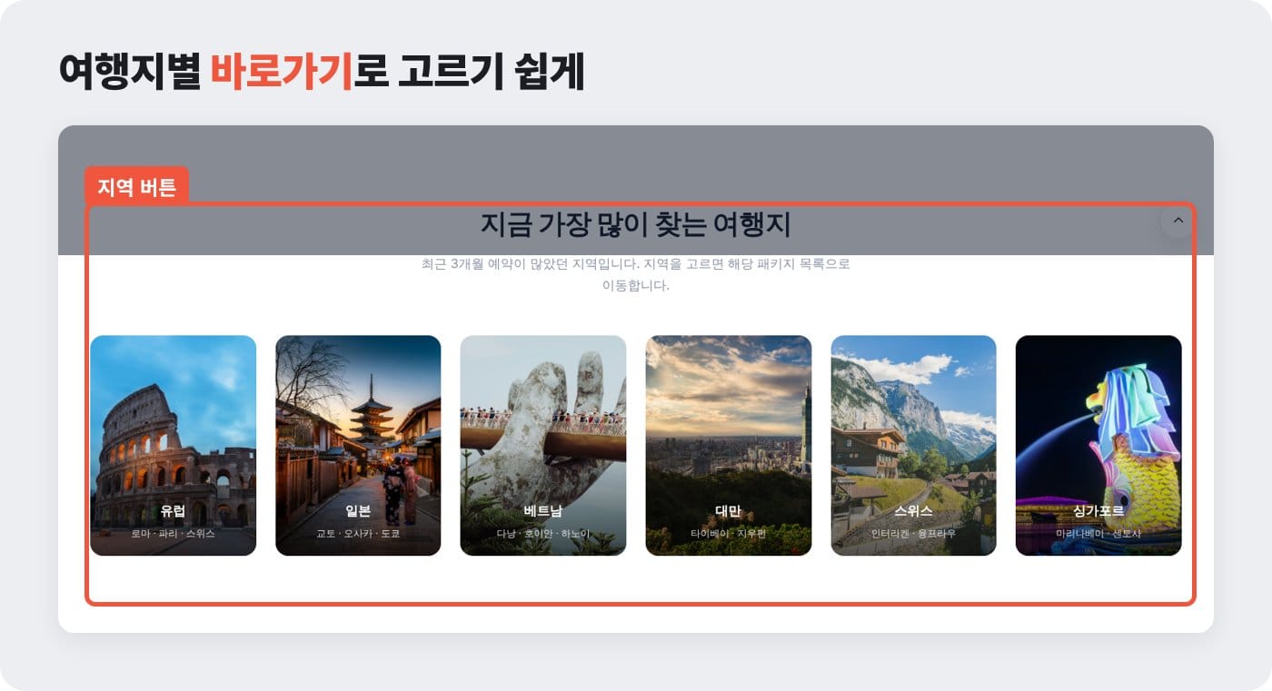 유럽·일본·베트남처럼 지역을 고르면 해당 패키지 목록으로 이동하는 여행사 홈페이지 바로가기 ©잇다웹