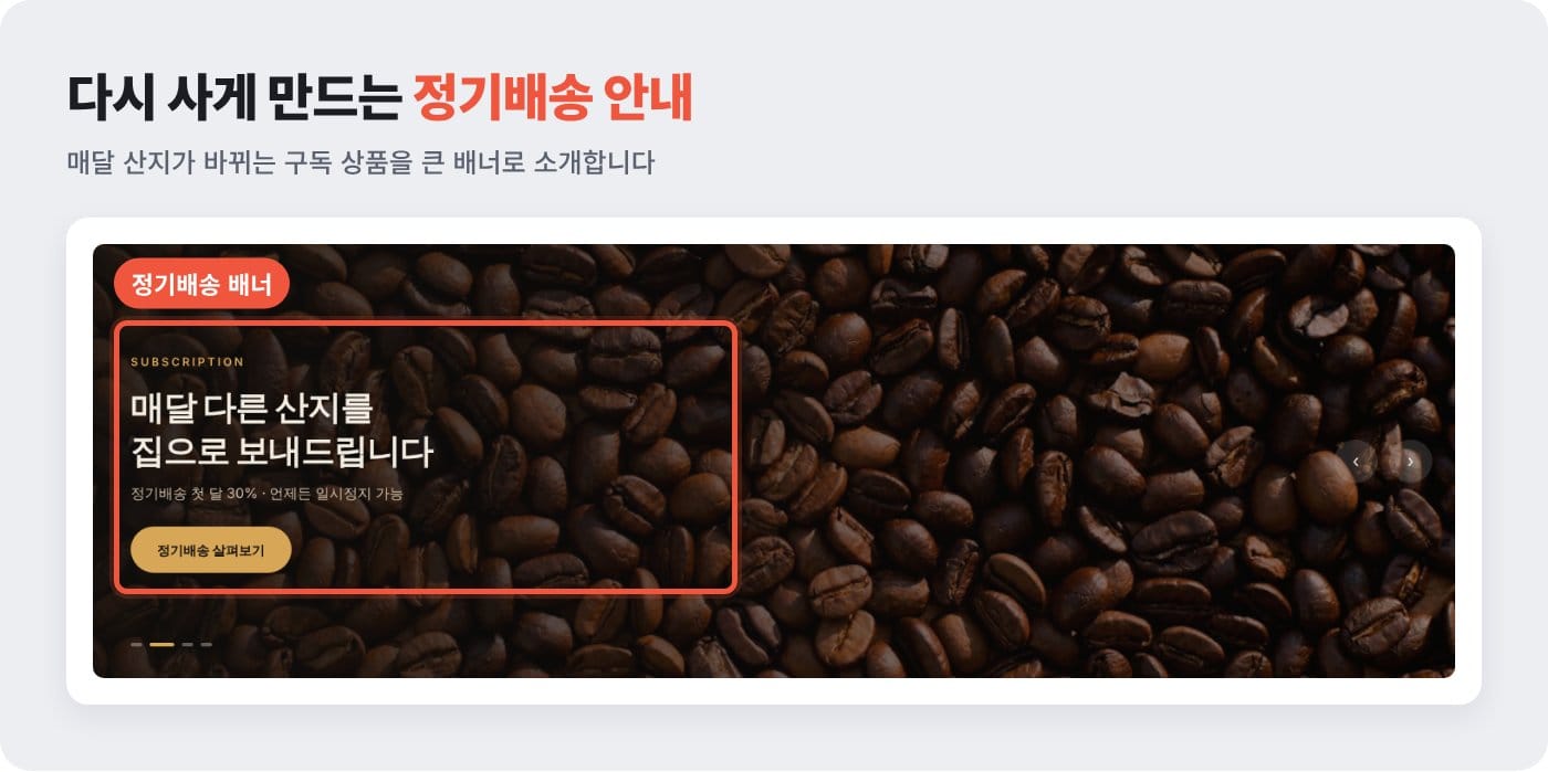원두 쇼핑몰 첫 화면에 매달 다른 산지를 보내 주는 정기배송 배너를 둔 예시 ©잇다웹