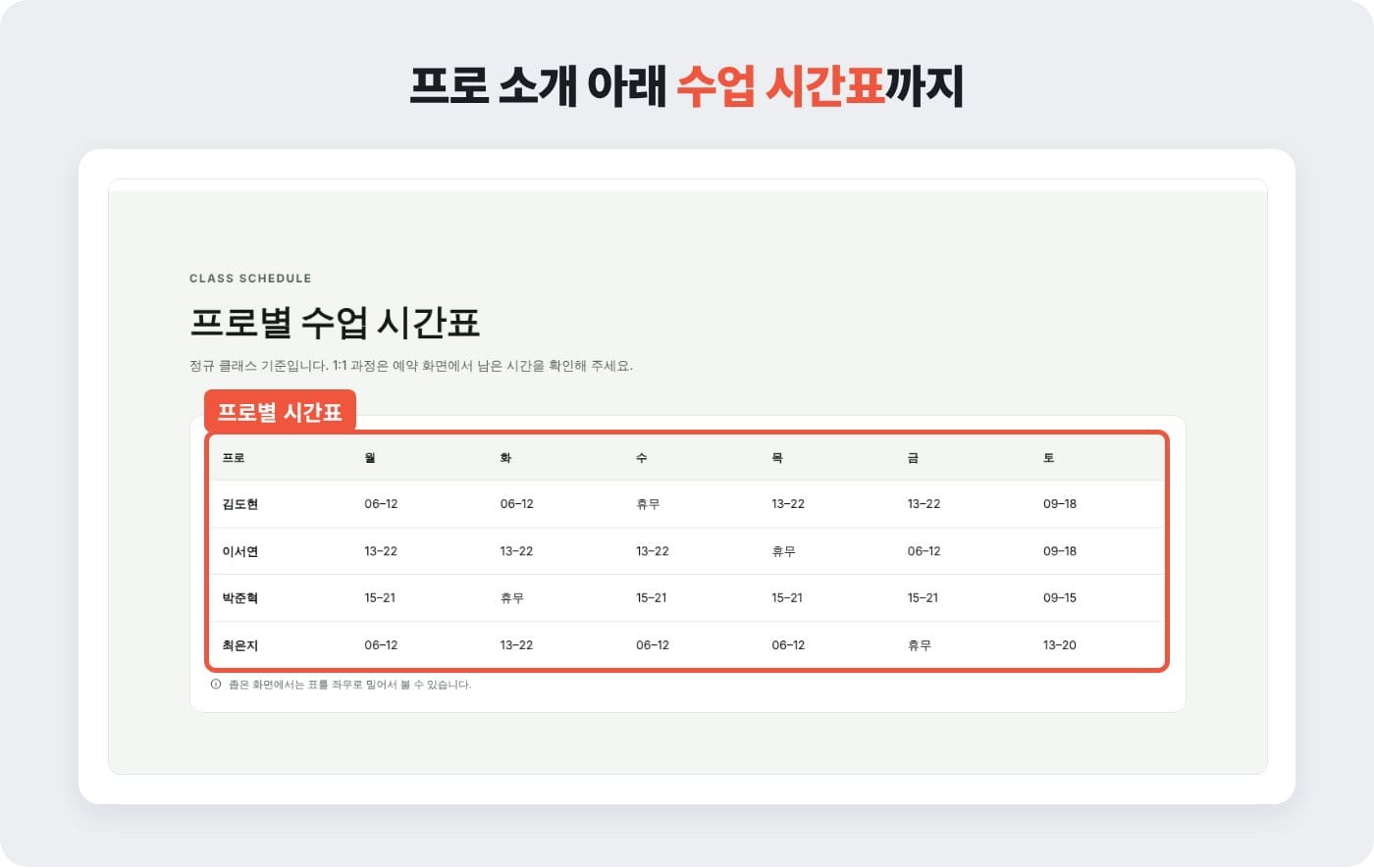 골프연습장 홈페이지 프로 소개 페이지 아래에 프로별 수업 시간표를 둔 예시 ©잇다웹