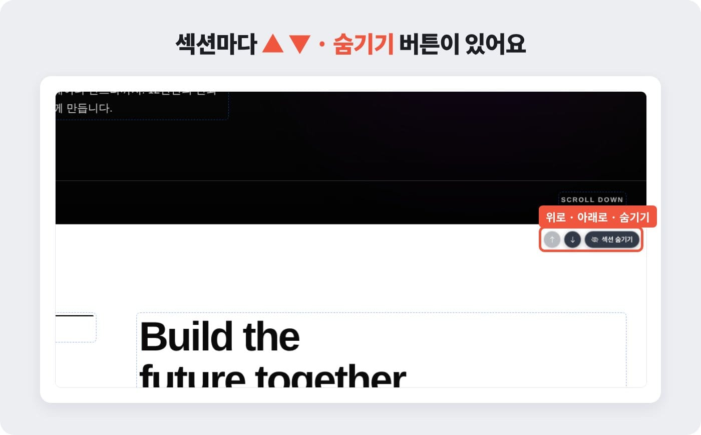 홈페이지 섹션 오른쪽 위에 있는 위로·아래로·섹션 숨기기 버튼 ©잇다웹