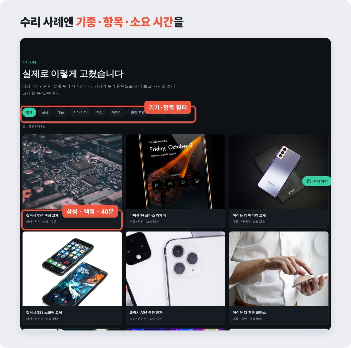 휴대폰 수리점 홈페이지 수리 사례 화면에 기기·항목 필터와 기종·소요 시간 설명을 붙인 예시 ©잇다웹