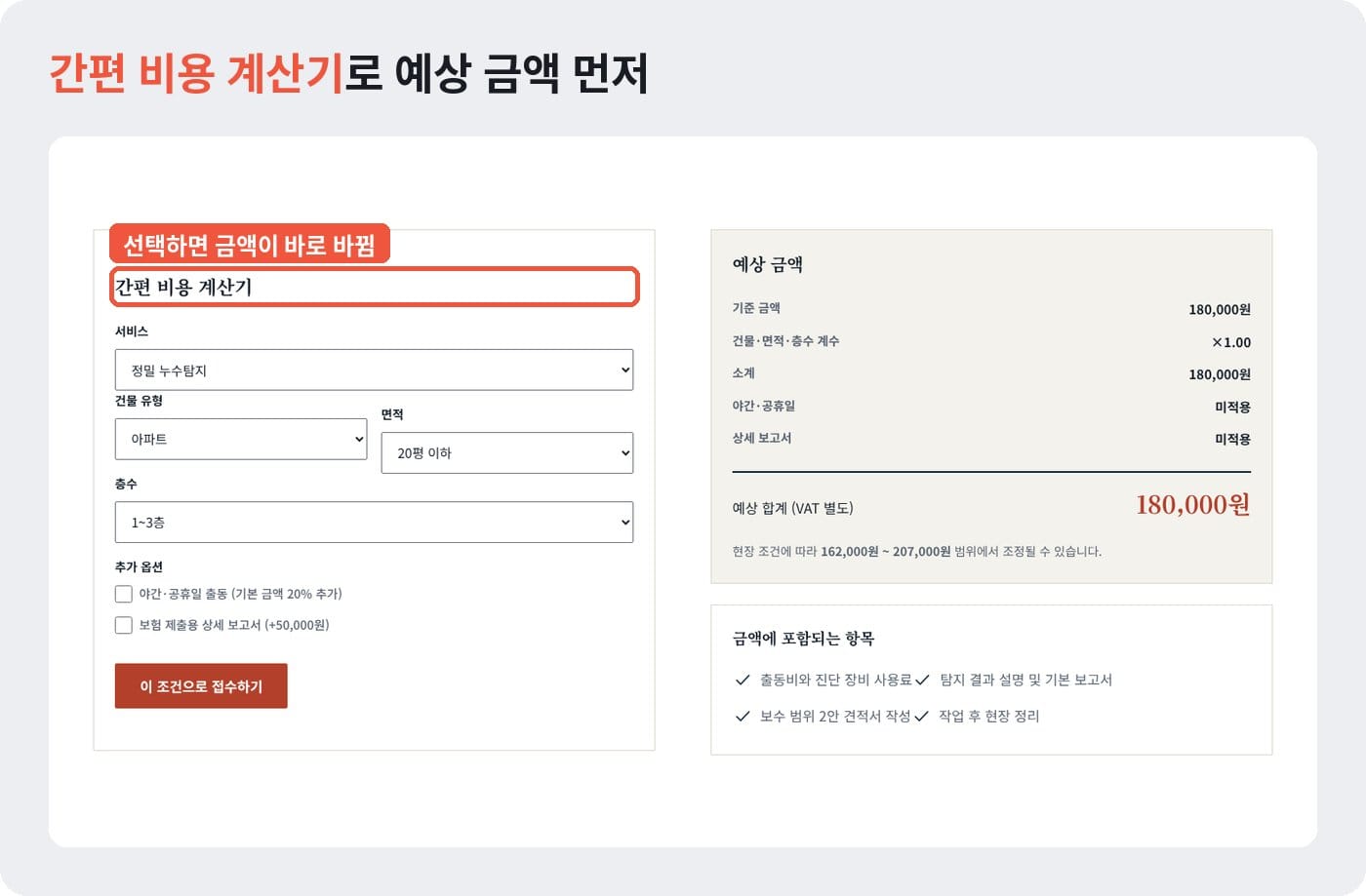 누수탐지 홈페이지 비용 안내 화면에서 서비스와 건물 유형을 고르면 예상 금액이 바로 계산되는 예시 ©잇다웹