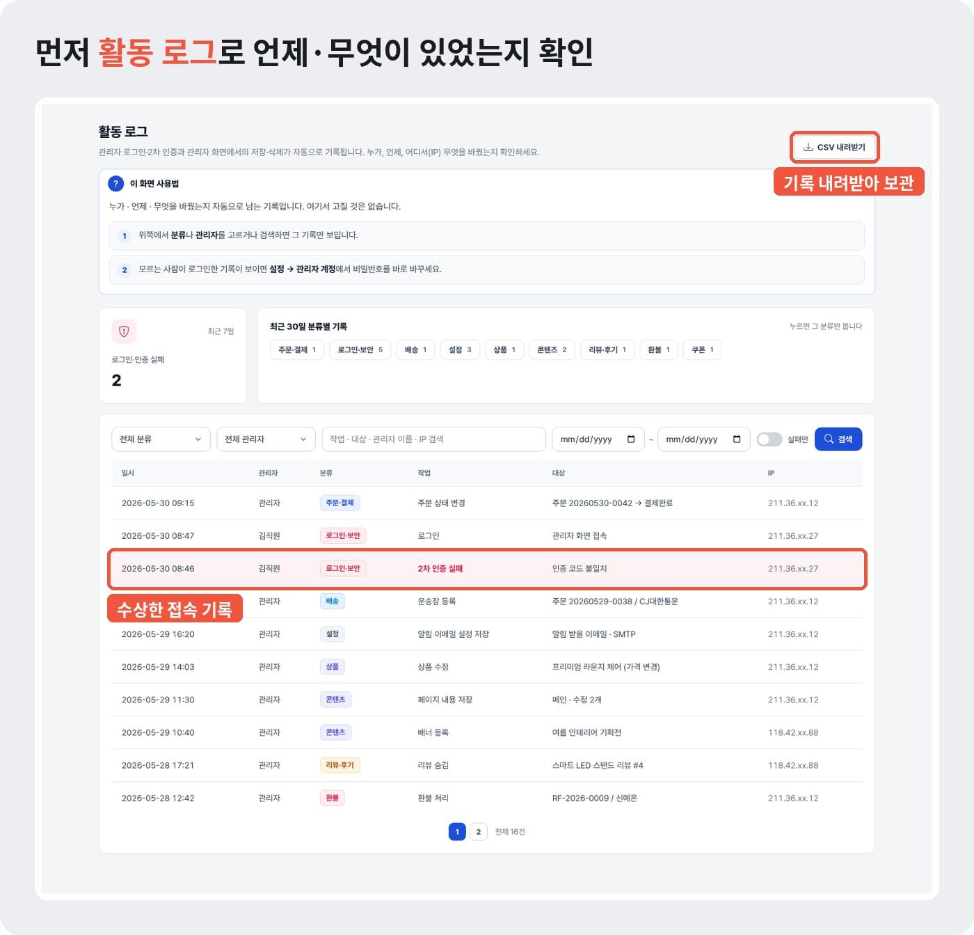 개인정보 유출 안내문을 쓰기 전 관리자 활동 로그에서 수상한 접속 기록을 찾고 CSV로 내려받는 화면 예시 ©잇다웹