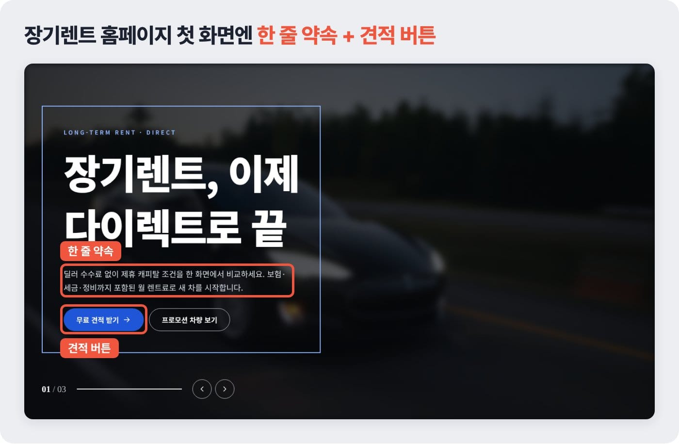 장기렌트 홈페이지 첫 화면에 한 줄 약속과 무료 견적 받기 버튼을 함께 둔 예시 ©잇다웹