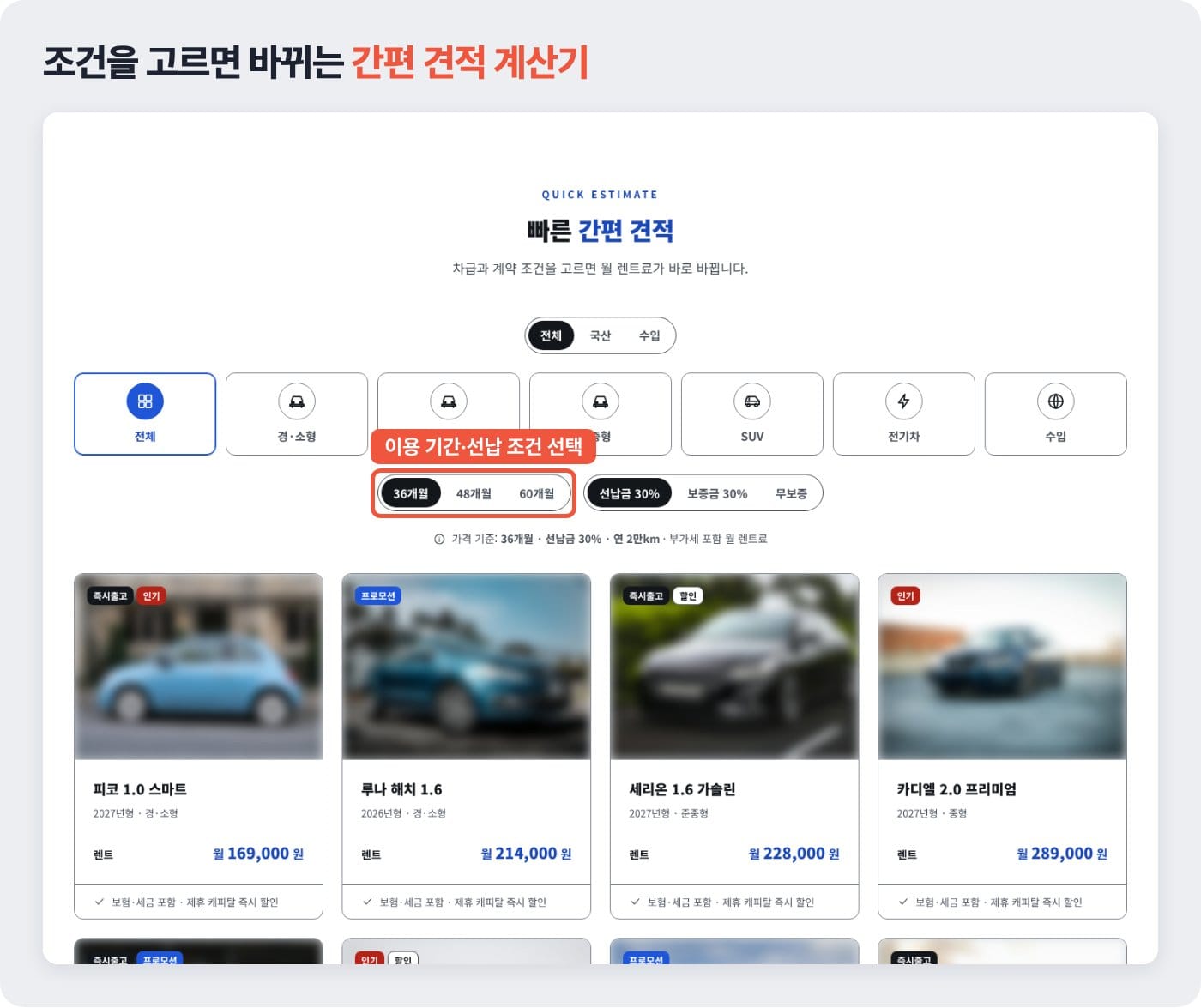 장기렌트 홈페이지 간편 견적 화면에서 차급과 이용 기간, 선납 조건을 고르는 예시 ©잇다웹