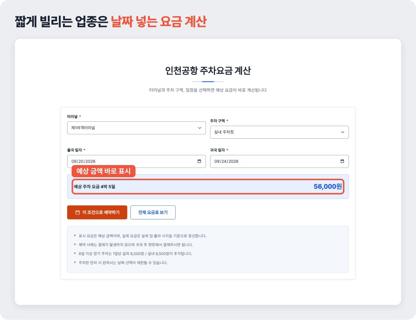 날짜 단위 업종 홈페이지에서 출국일과 귀국일을 넣으면 예상 요금이 바로 계산되는 예시 ©잇다웹